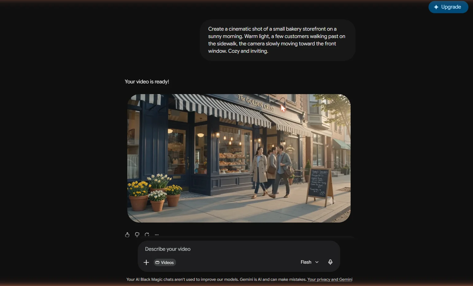 A still frame from a finished Omni-generated video of a cozy bakery storefront.