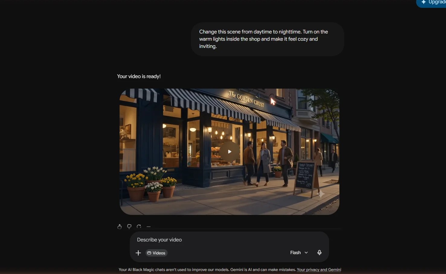A before-and-after pair of the same Omni scene, shown in daytime then nighttime, illustrating conversational editing.