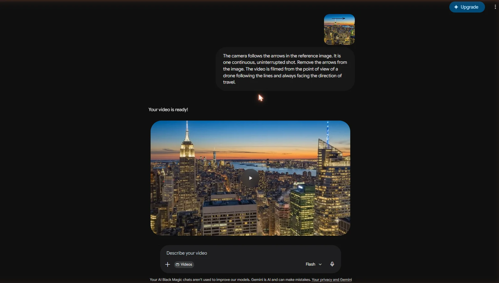 A New York City skyline reference image with an arrow drawn across it marking the camera path for Omni's drone-shot effect.