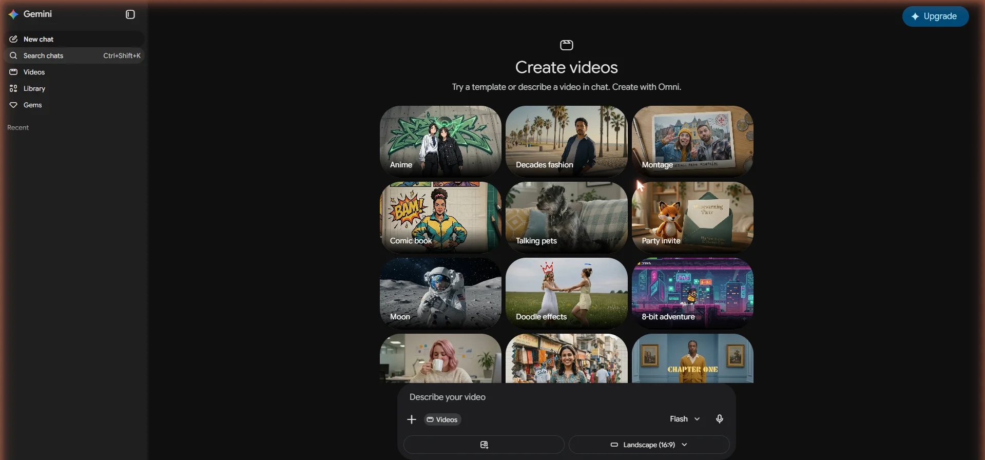 The Gemini app sidebar with the Videos icon highlighted, showing where to open Google Omni.
