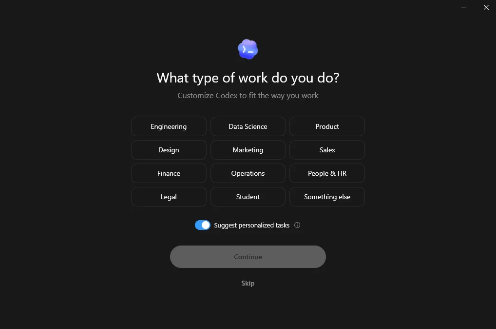 Codex onboarding screen asking what type of work you do