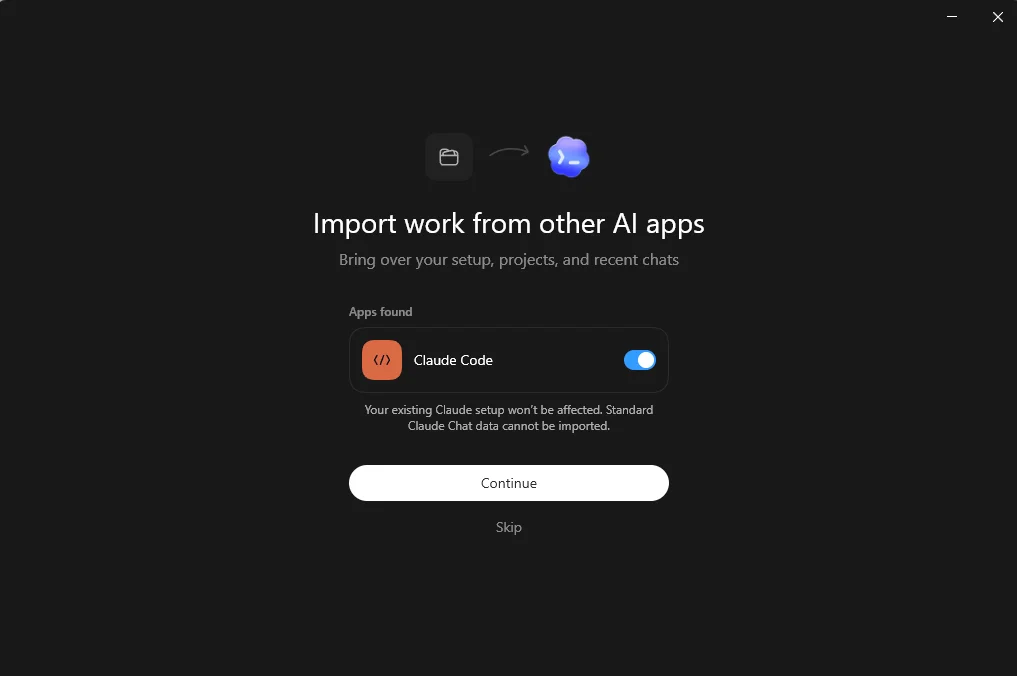 Codex offering to import your setup, projects, and chats from Claude Code