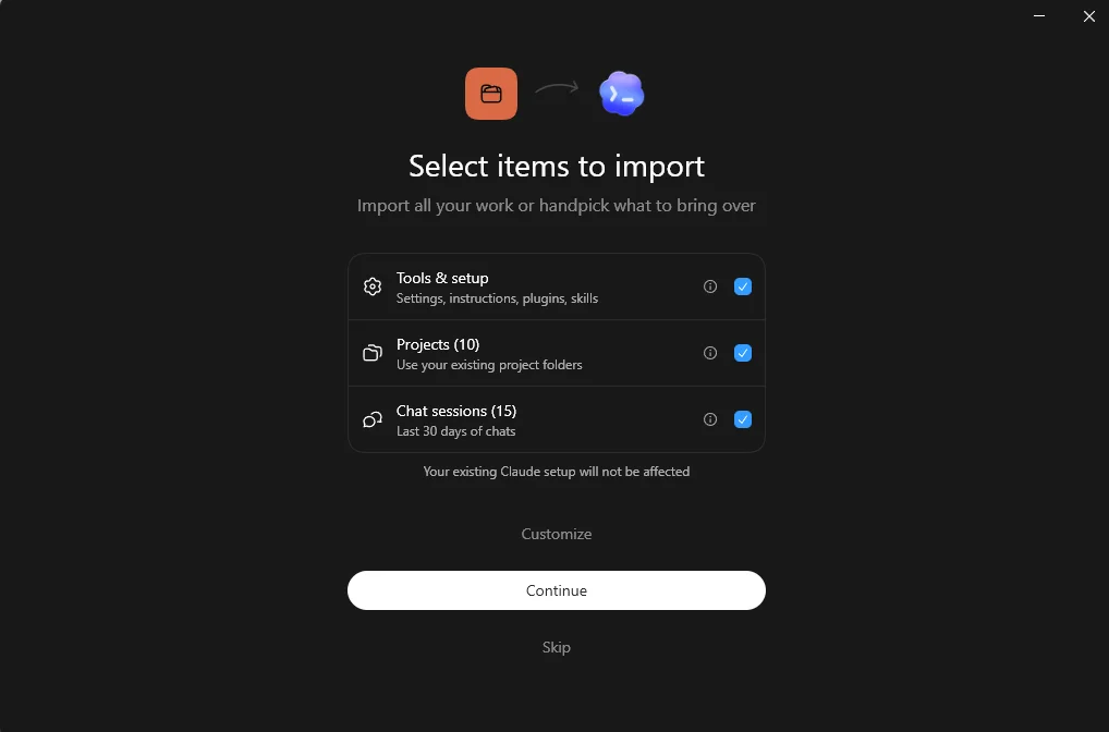 Codex Select items to import screen with Tools and setup, Projects, and Chat sessions