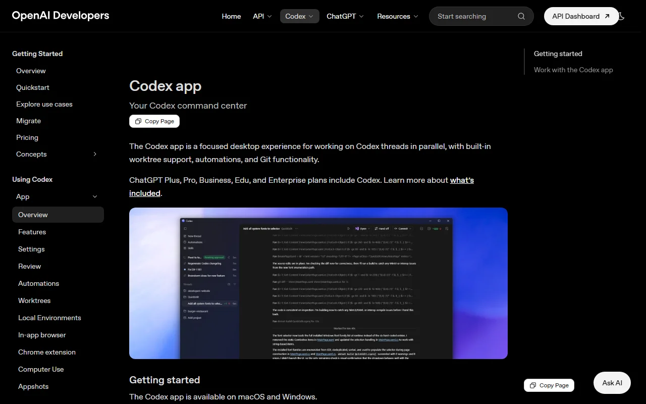 The official OpenAI Codex app download page for macOS and Windows