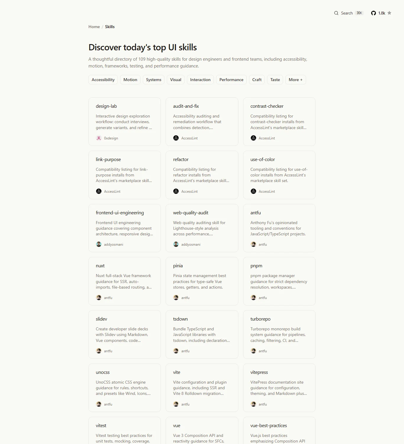 The ui-skills.com directory page showing a grid of installable design skill cards.