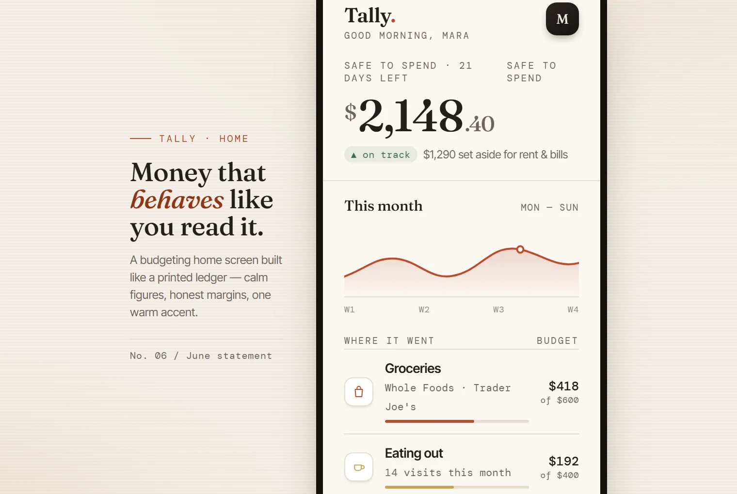 A crafted budgeting app home screen in a printed-ledger style with a serif balance figure and a real transaction list.
