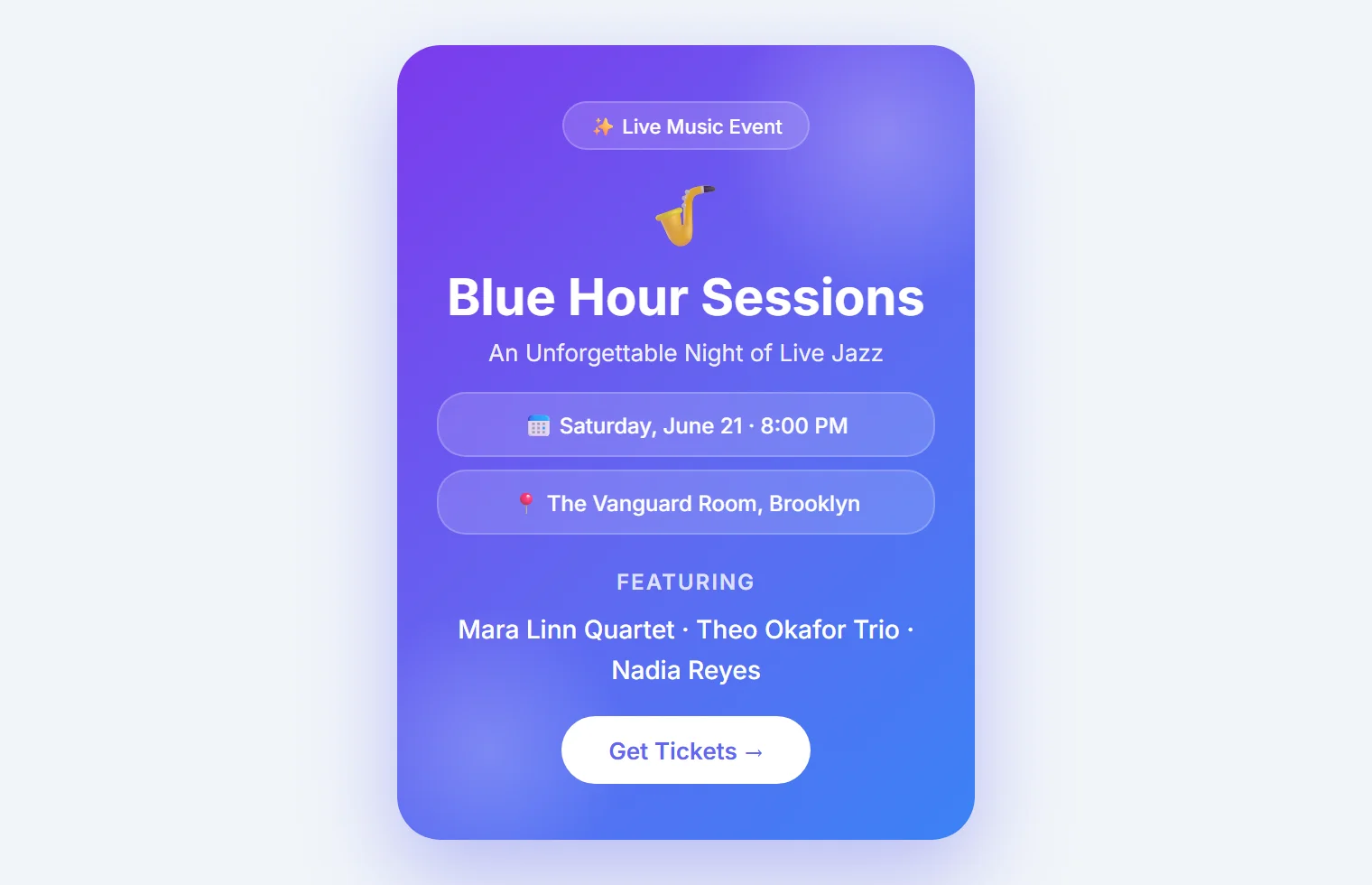 A generic AI-generated jazz night poster with a purple gradient, centered text, and a generic ticket button.
