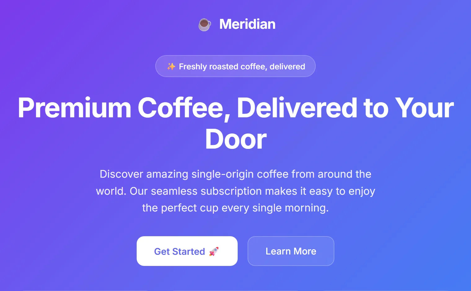 A generic AI-generated coffee subscription landing hero with a centered headline, purple gradient, and emoji feature cards.