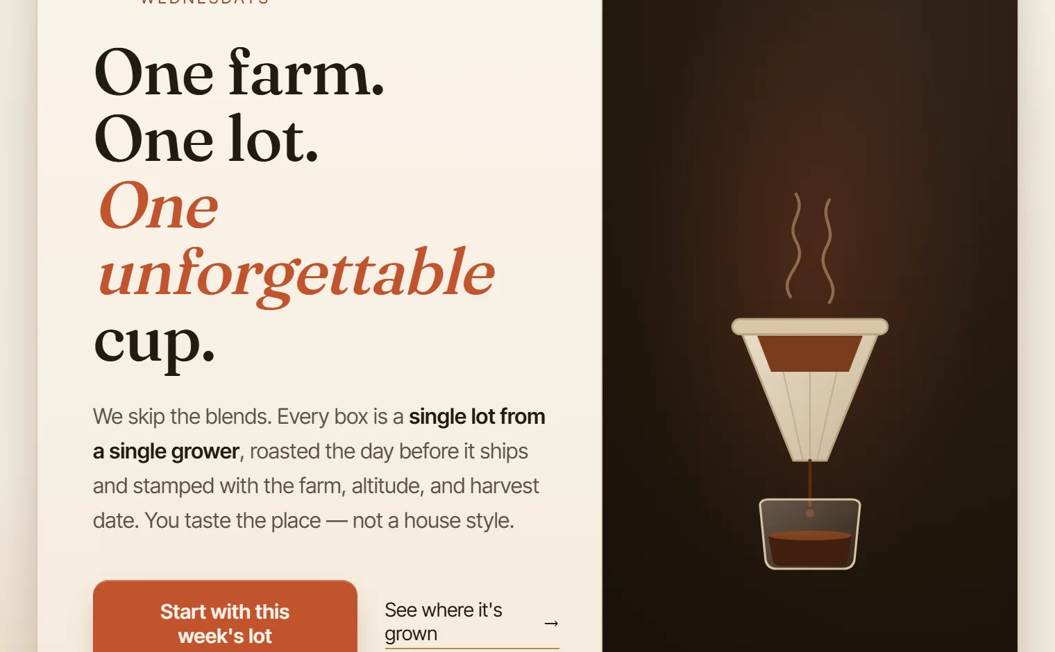 A crafted coffee subscription landing hero with an editorial serif headline, a warm roaster palette, and an asymmetric two-column layout.