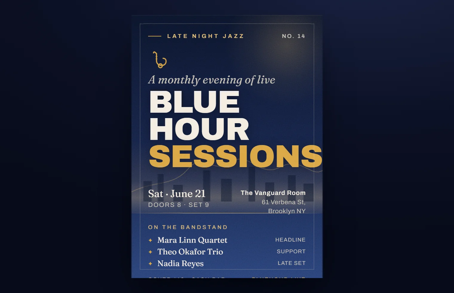 A crafted jazz night poster in a 1950s Blue Note style with a midnight-blue palette, a brass accent, and stacked display type.