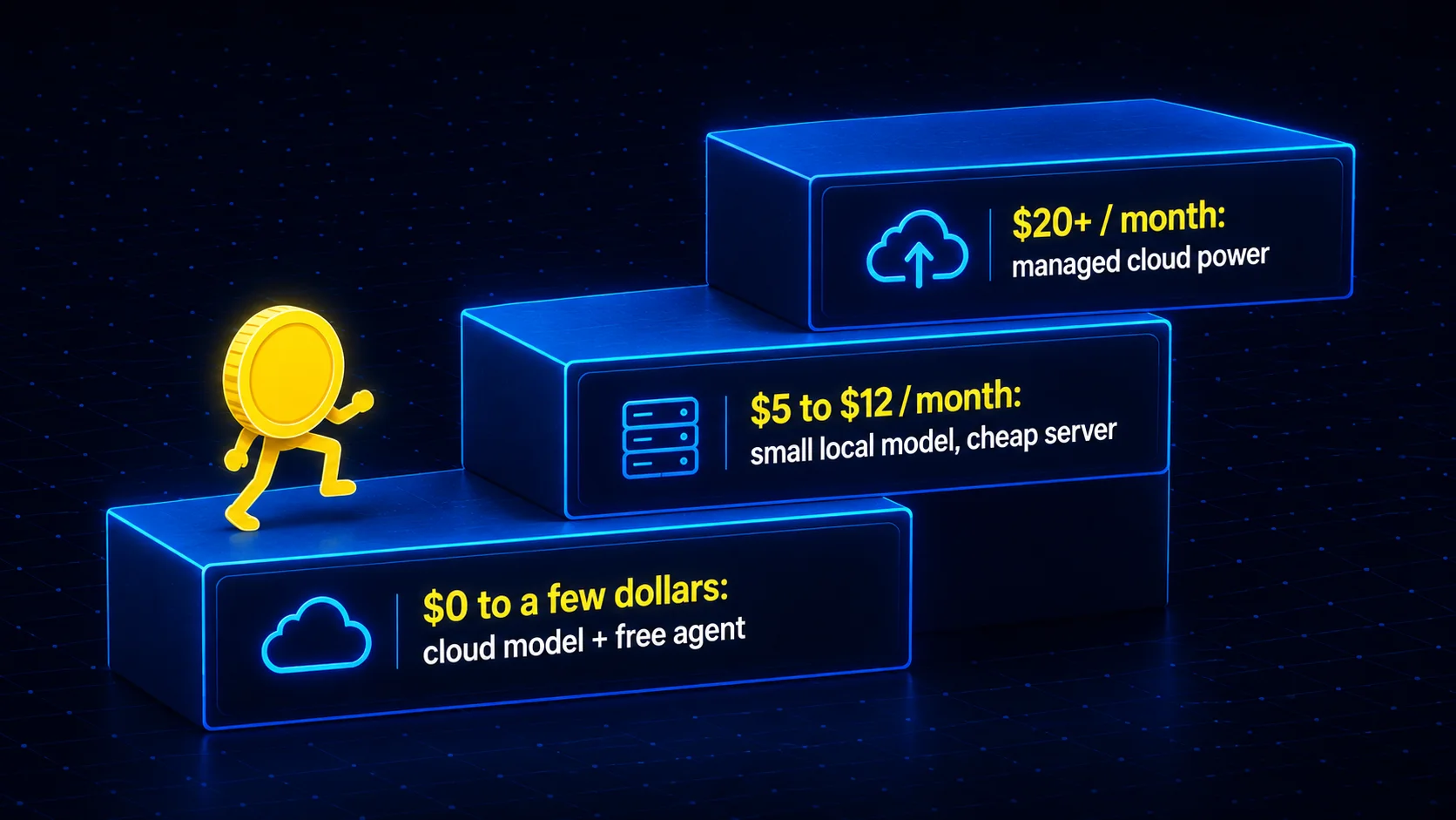 Cost-ladder graphic showing three budget tiers: free to a few dollars, five to twelve dollars a month, and twenty dollars or more a month.