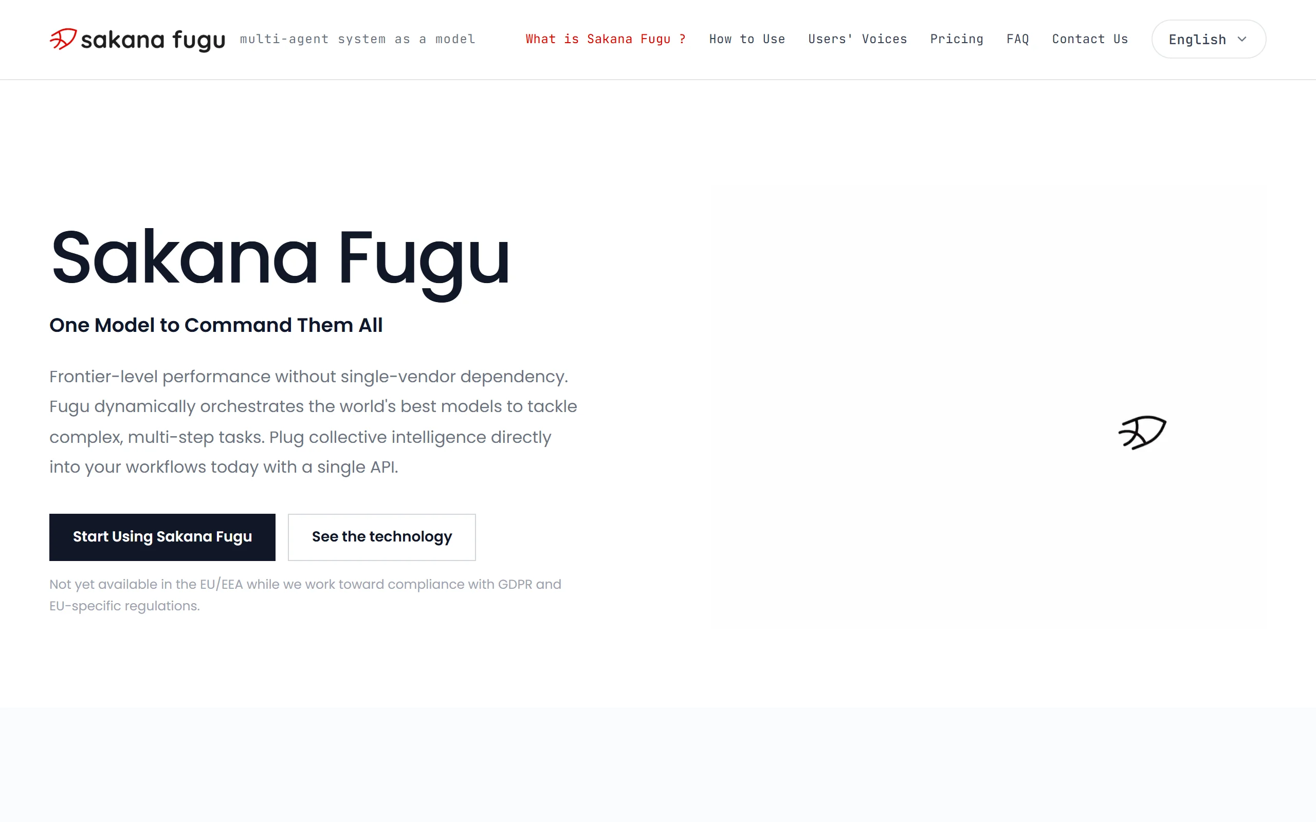 Screenshot of the Sakana Fugu home page: 'One Model to Command Them All', a single API that orchestrates many models.