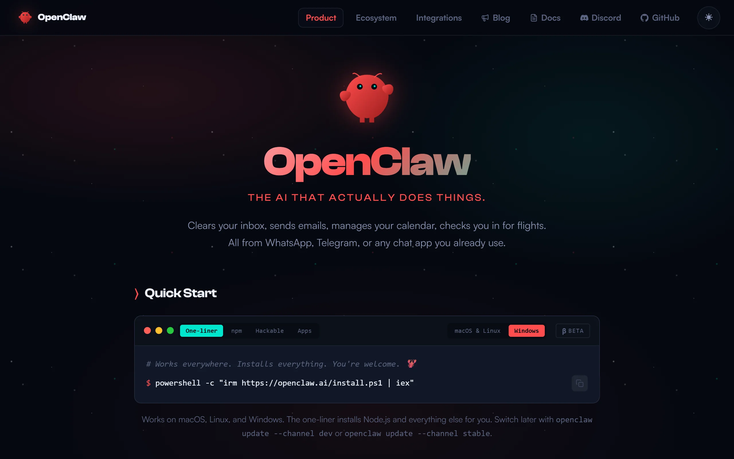 Screenshot of the OpenClaw home page: 'The AI that actually does things', controlled from messaging apps like WhatsApp and Telegram.
