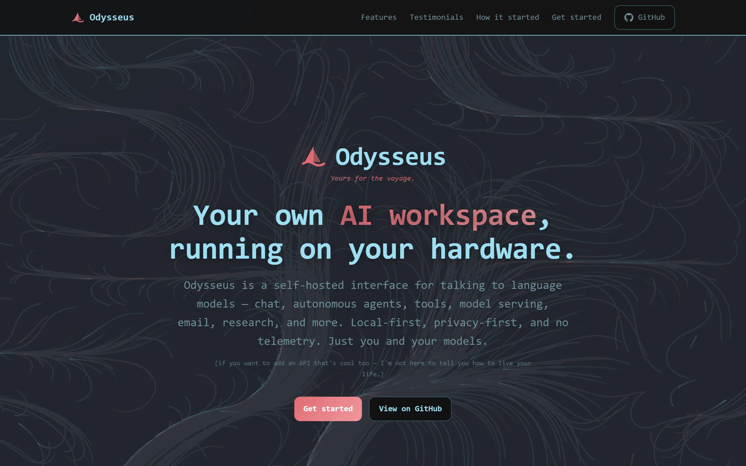 Screenshot of the Odysseus home page: 'Your own AI workspace, running on your hardware', a local-first, privacy-first tool.