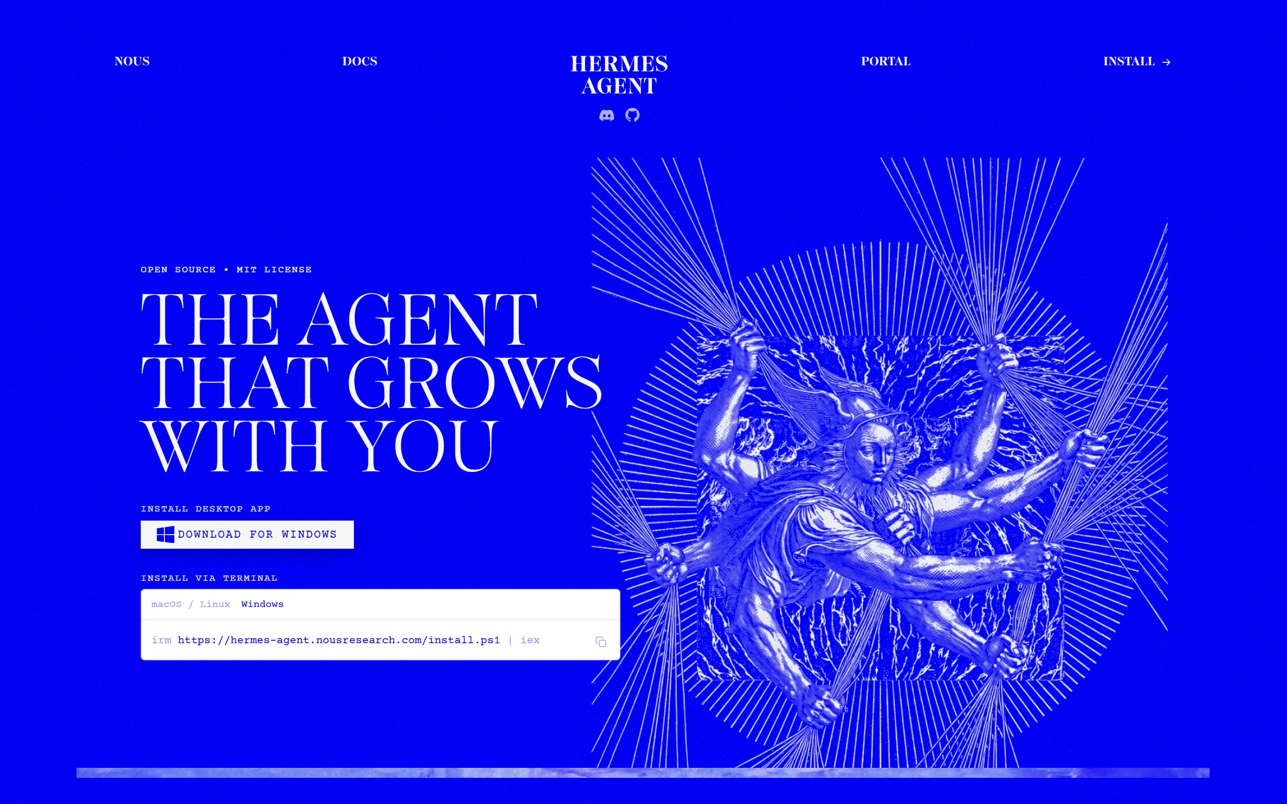 Screenshot of the Hermes Agent home page, headlined 'The agent that grows with you', noting it is open source under an MIT license.