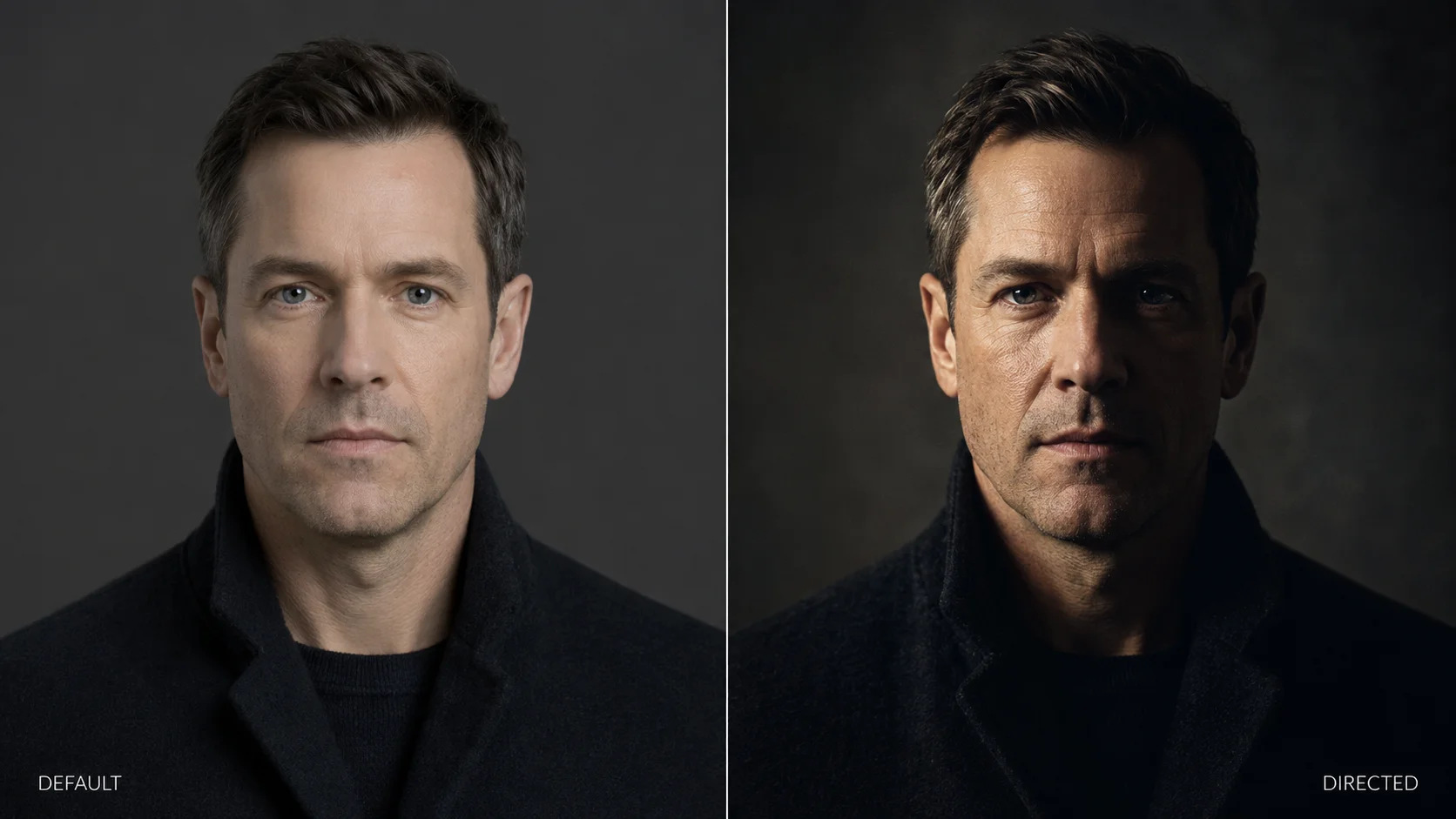 Before-and-after comparison of the same man: flat, plastic-looking AI lighting on the left labeled Default, and realistic cinematic directional lighting on the right labeled Directed.
