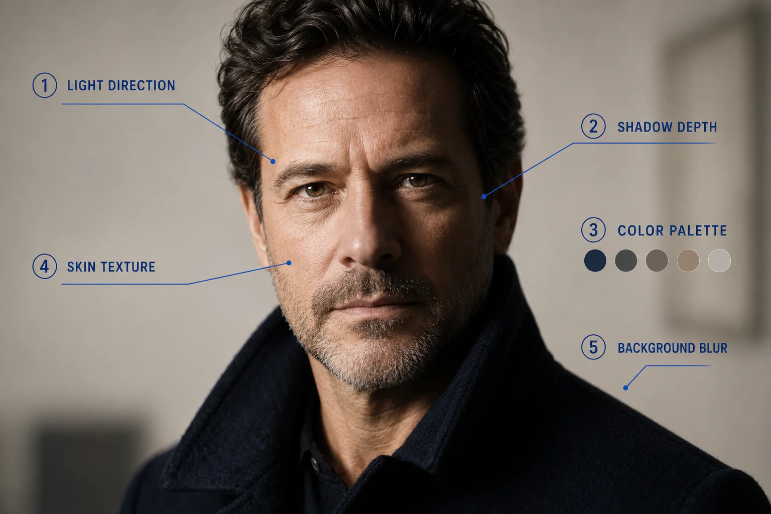 An annotated portrait with callout labels pointing to light direction, shadow depth, color palette, skin texture, and background blur.