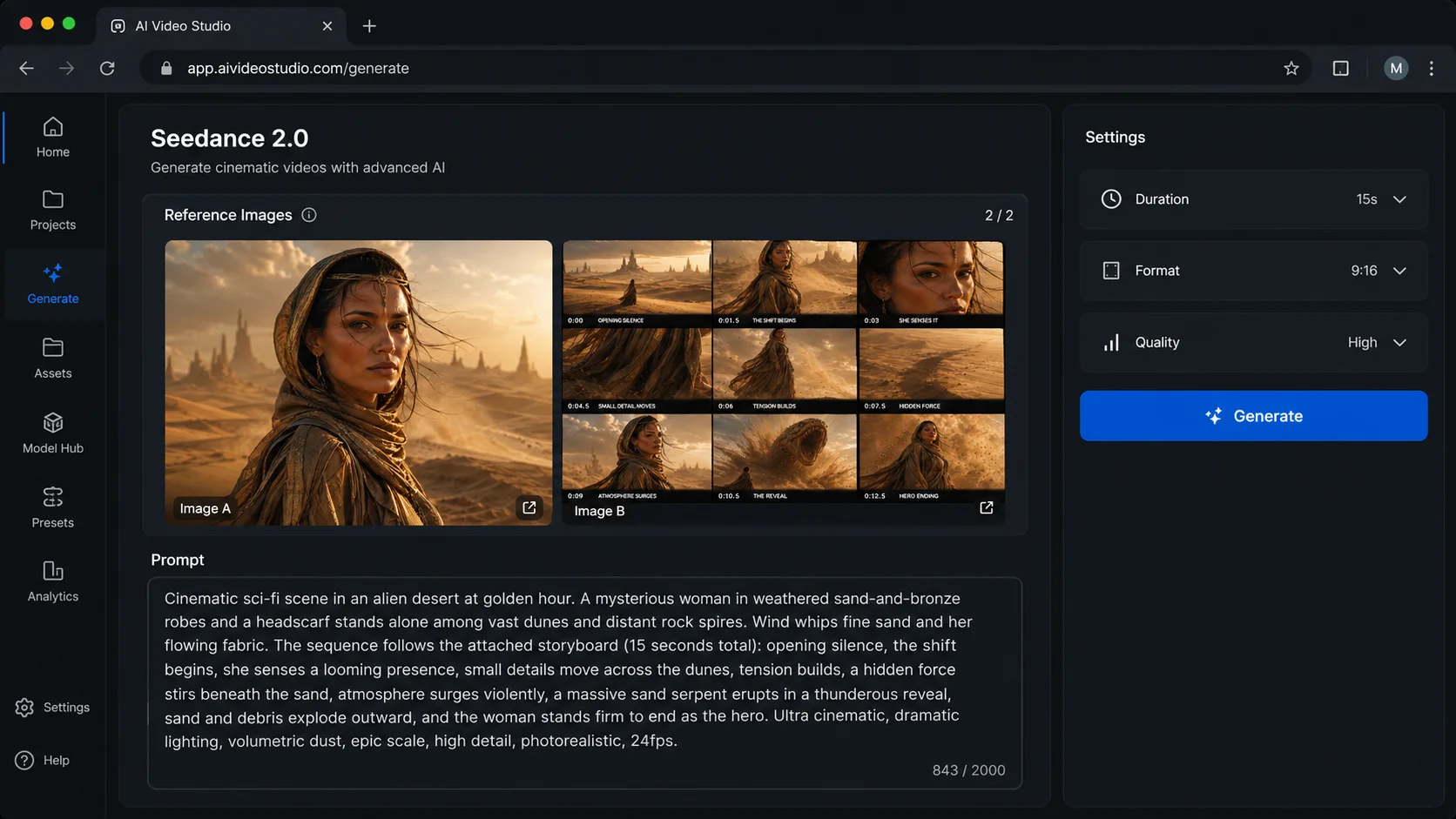 A video generation tool interface with the character and storyboard references attached, a prompt pasted in, and settings set to 15 seconds, 9:16, and High quality.