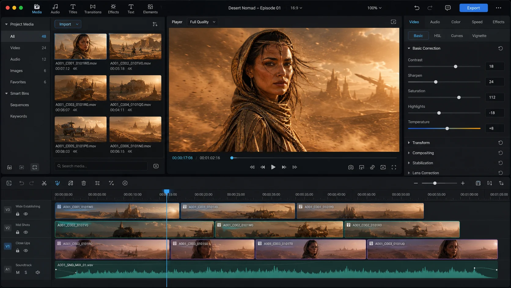 A CapCut editing timeline showing three clips cut into smaller segments and arranged into one sequence, with an audio track underneath.