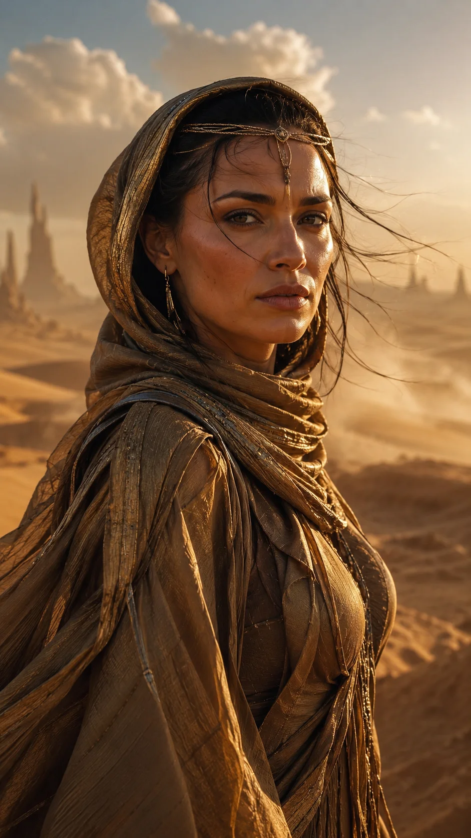 A cinematic 9:16 character in the spirit of The Desert Oracle, standing in alien desert dunes at golden hour with realistic skin and cinematic lighting.
