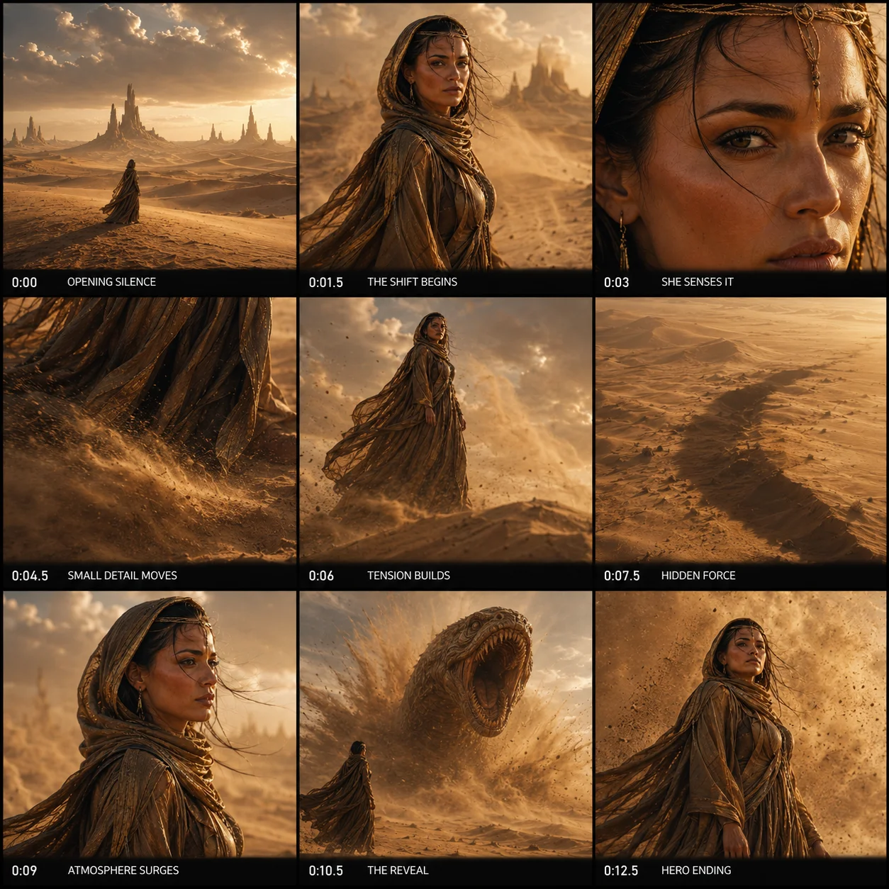 An example 3x3 timed storyboard: nine panels with timecodes and shot titles, all showing the same consistent character and desert world across the scene.