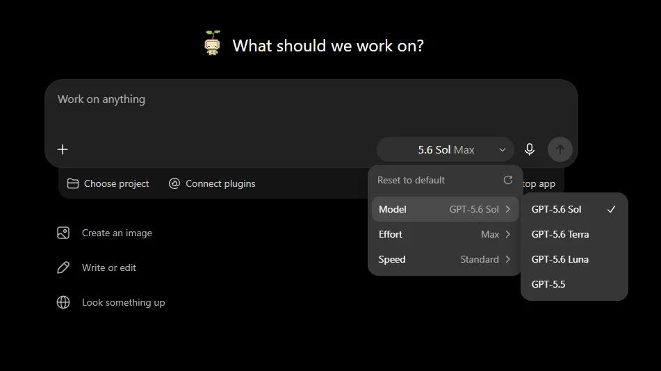 The ChatGPT model picker showing Sol, Terra, and Luna as selectable options with reasoning effort controls