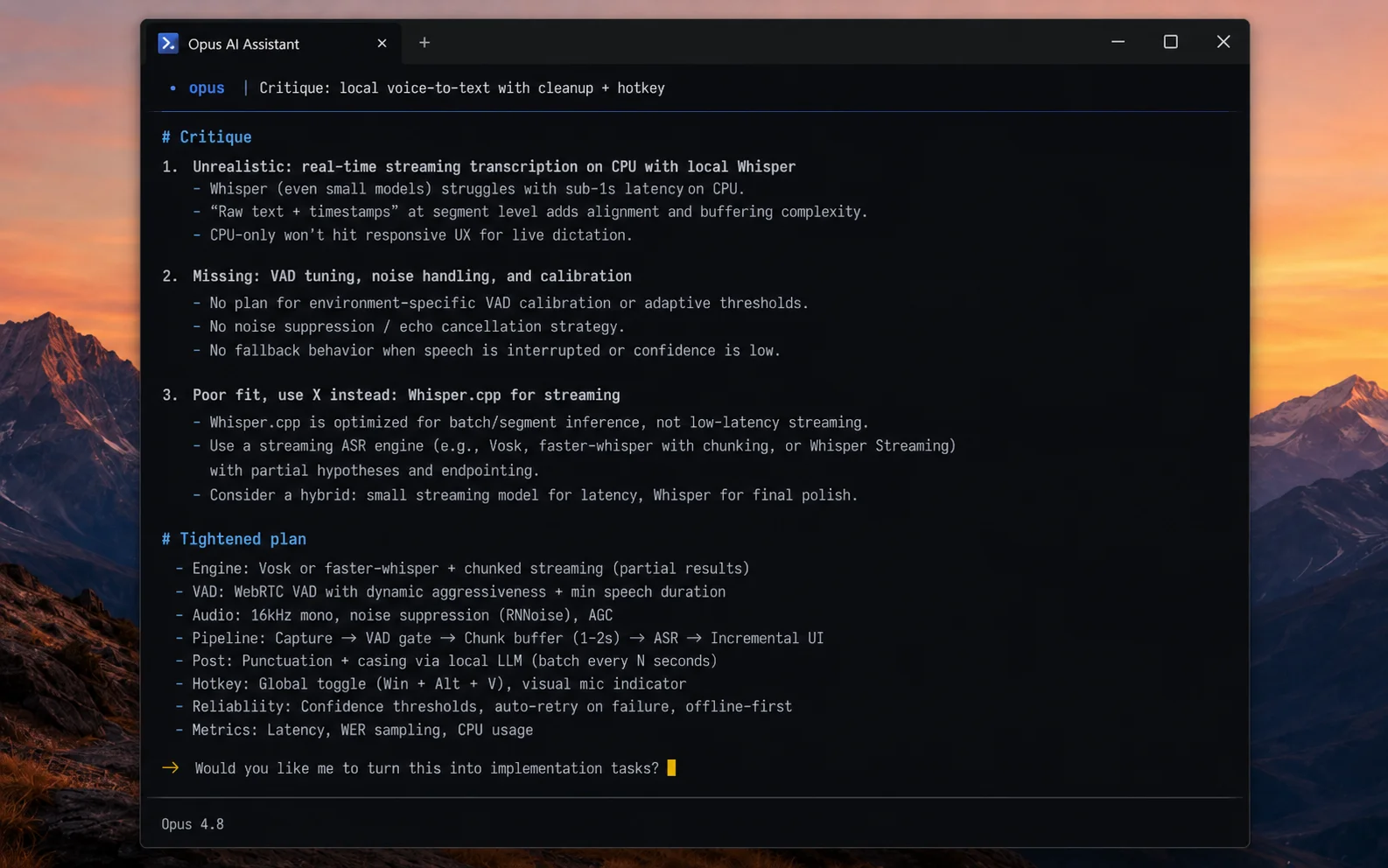 A second, fresh Claude Code window on Opus 4.8 critiquing the build plan and returning a tightened version