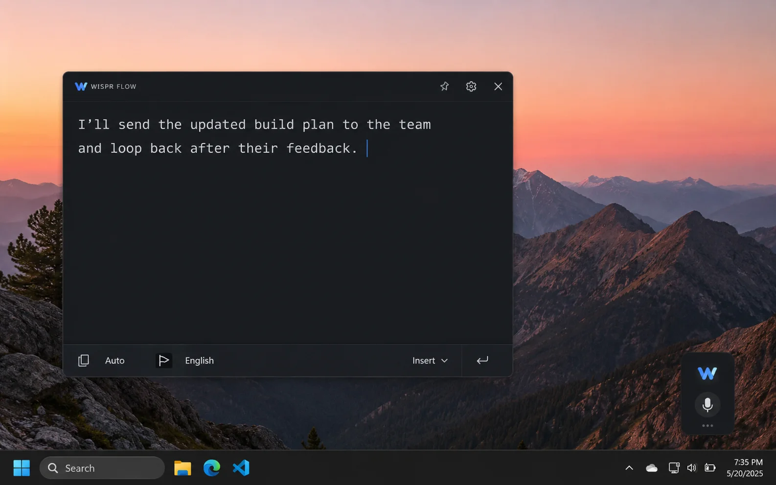 The finished local dictation tool running on Windows, dropping freshly dictated text into a text box