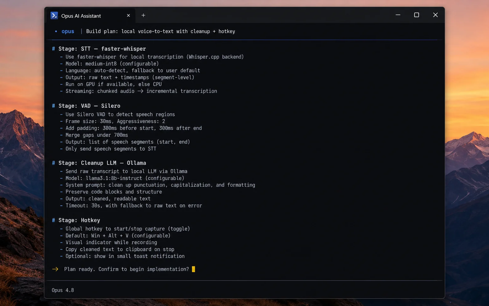 Claude Code on Opus 4.8 showing the finished deep-research plan, listing the stack: faster-whisper, Silero VAD, Ollama cleanup, and a global hotkey