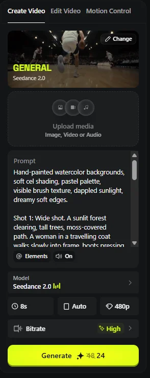 The Higgsfield Seedance 2.0 generation panel, showing the reference upload slots for image, video and audio, the prompt field, and the resolution and duration controls.