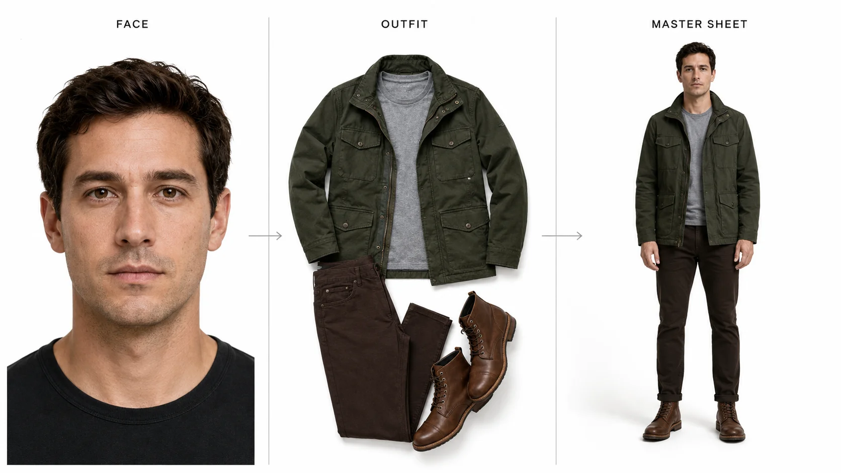 Three-panel character reference pipeline: an isolated neutral headshot on white, the outfit alone as a flat lay, and the two fused into a full-body master reference sheet.