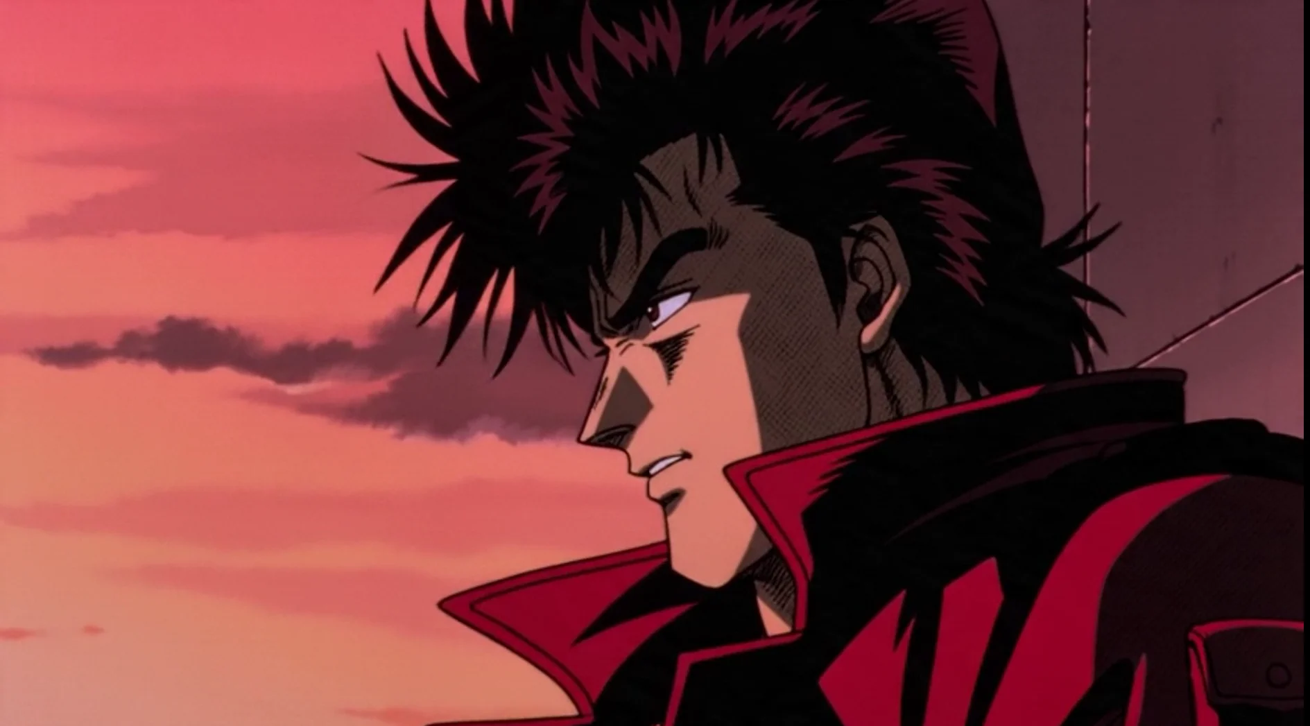 Output frame from the 1980s anime prompt: a pink and orange sunset sky over a city skyline, rendered in bold cel-anime linework.