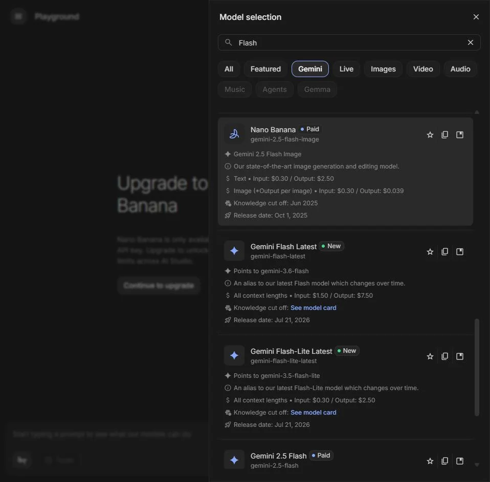 Google AI Studio model picker showing Gemini Flash Latest (gemini-3.6-flash) and Gemini Flash-Lite Latest (gemini-3.5-flash-lite), both marked New, with their per-token pricing.