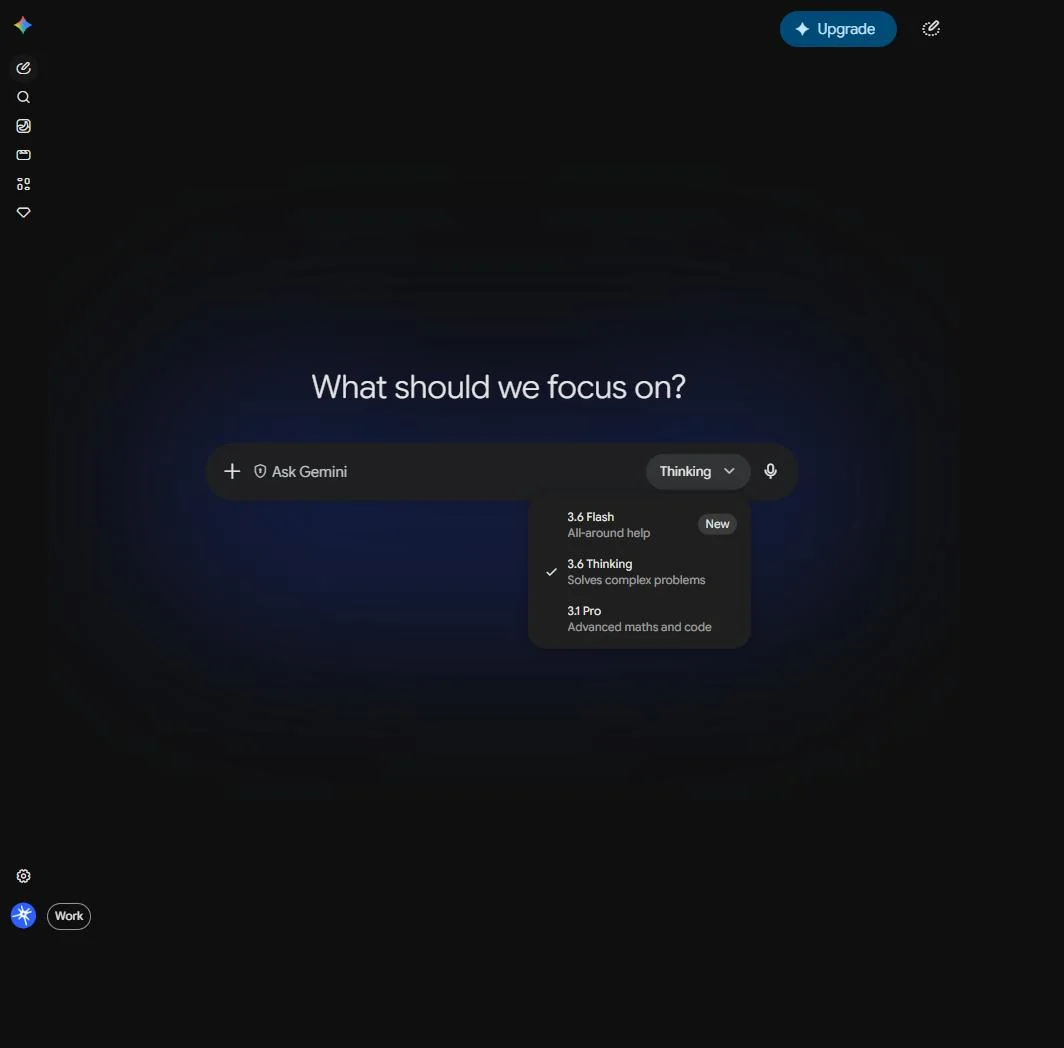 The Gemini app model selector dropdown showing 3.6 Flash, 3.6 Thinking, and 3.1 Pro.