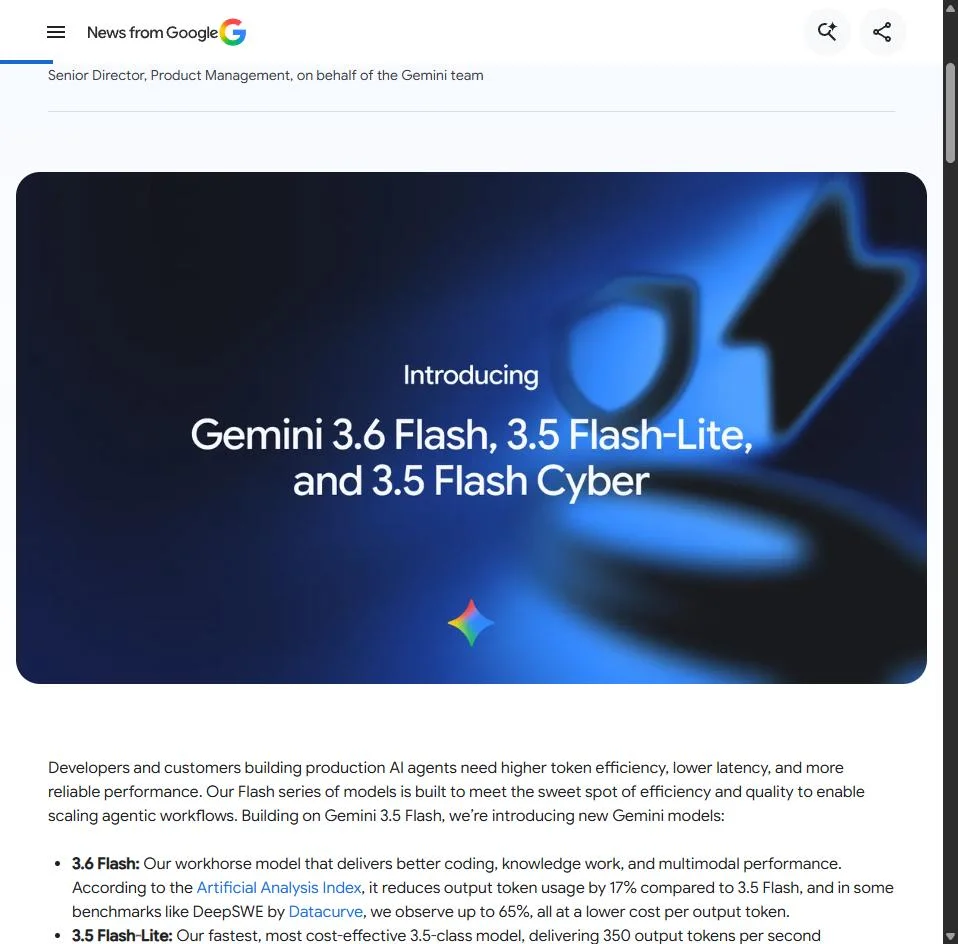 Google's official announcement page introducing Gemini 3.6 Flash, 3.5 Flash-Lite, and 3.5 Flash Cyber, dated July 21, 2026.