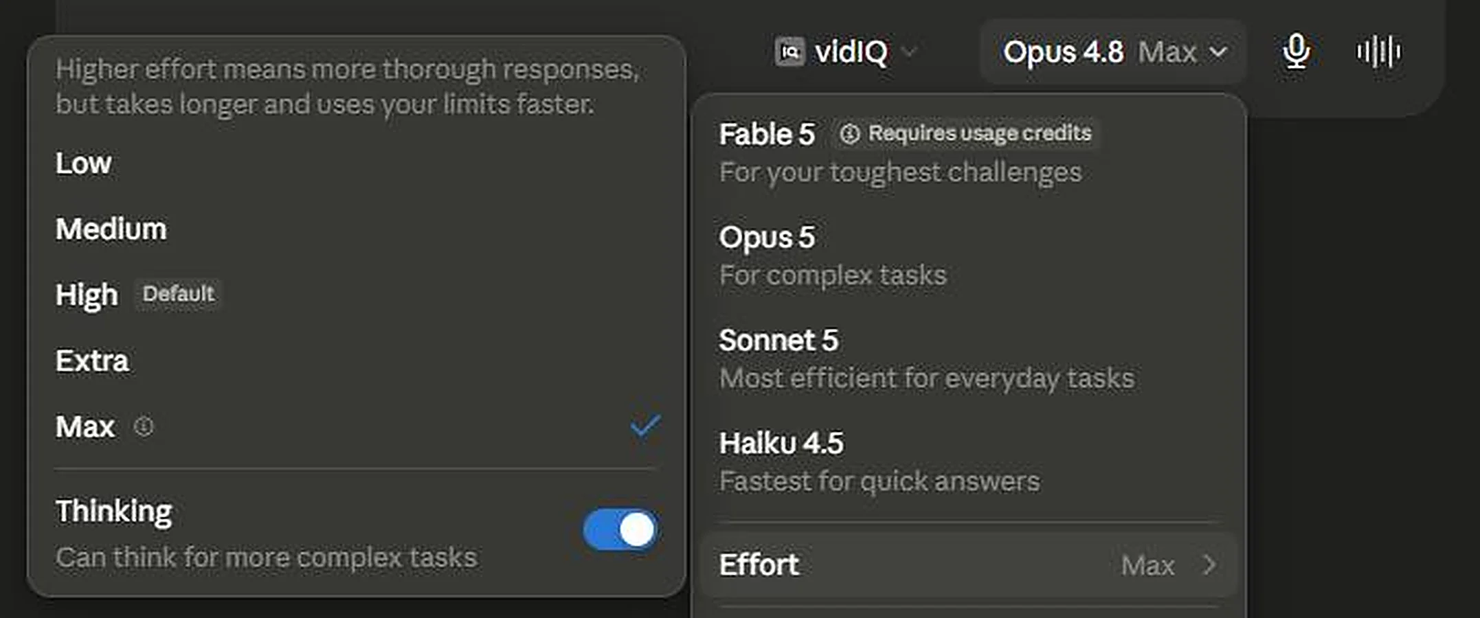 The Effort submenu in the Claude model picker, showing Low, Medium, High marked as Default, Extra and Max, plus a Thinking toggle