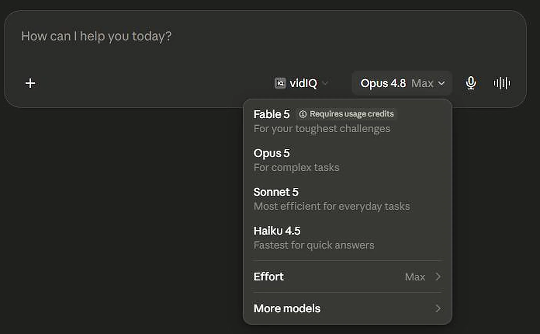 The Claude model picker open, listing Fable 5, Opus 5, Sonnet 5 and Haiku 4.5 with an Effort option below them