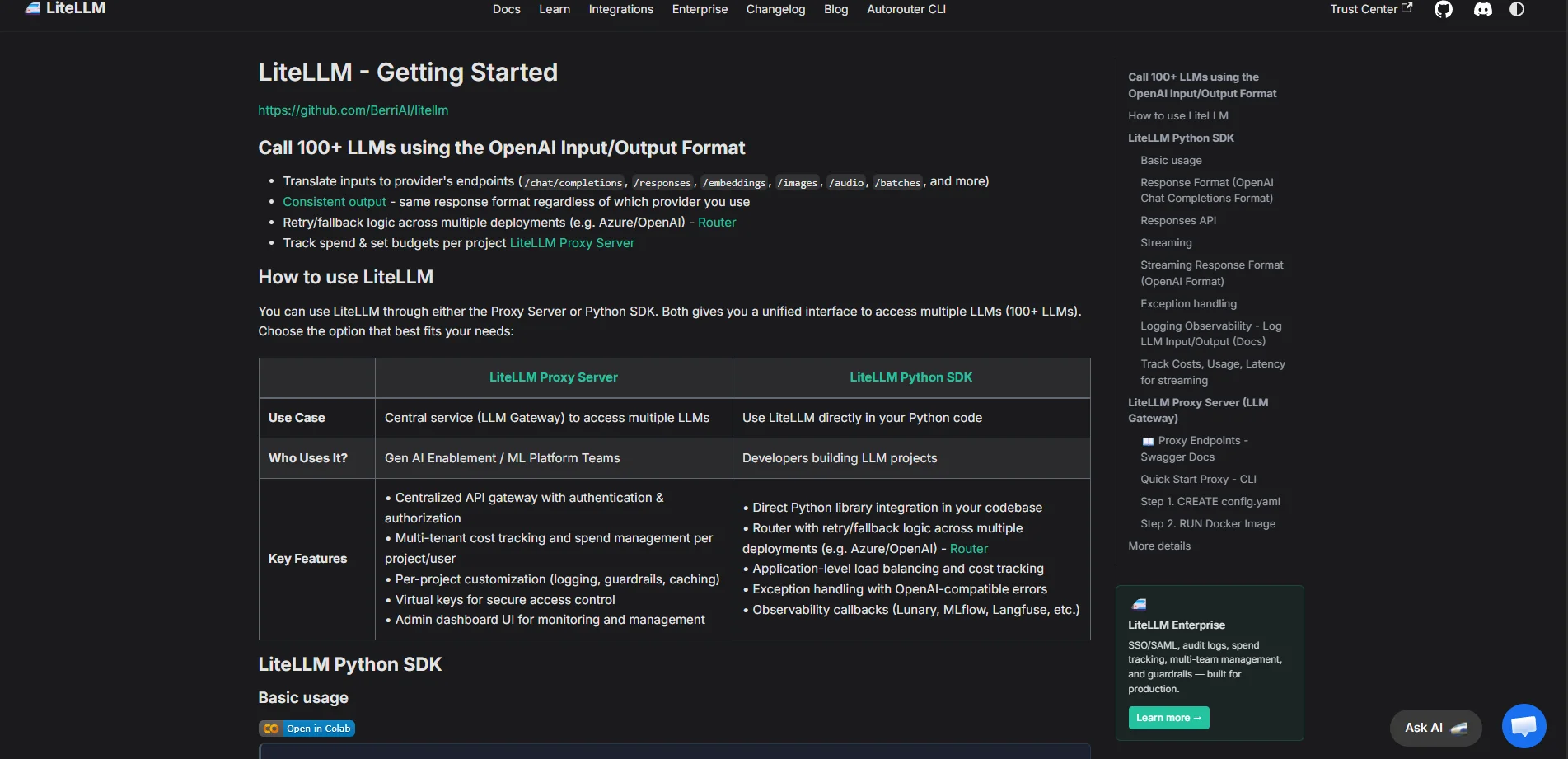 The LiteLLM getting started documentation, showing how the gateway calls 100+ models through one OpenAI-compatible format, with a comparison of the proxy server and the Python SDK