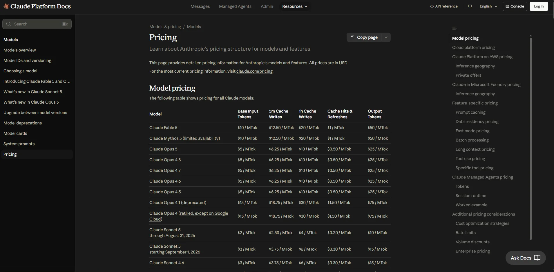 Anthropic's model pricing table showing Claude Opus 5 at $5 per million input and $25 per million output with $0.50 cache reads, next to Fable 5 at $10 and $50