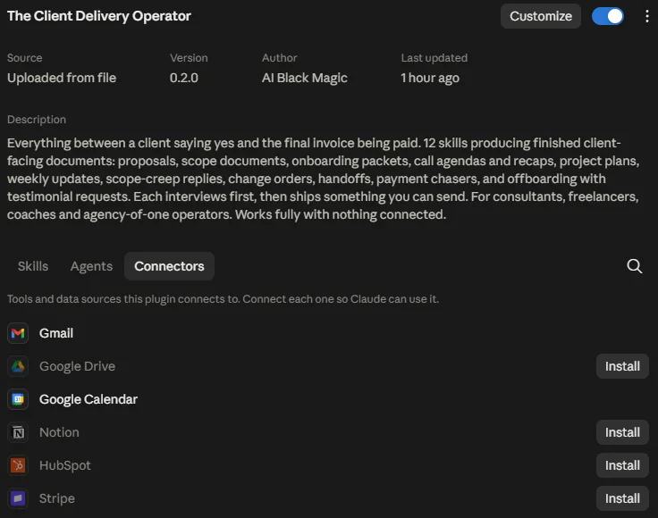 The Cowork Connectors panel showing the six optional connectors this plugin can use