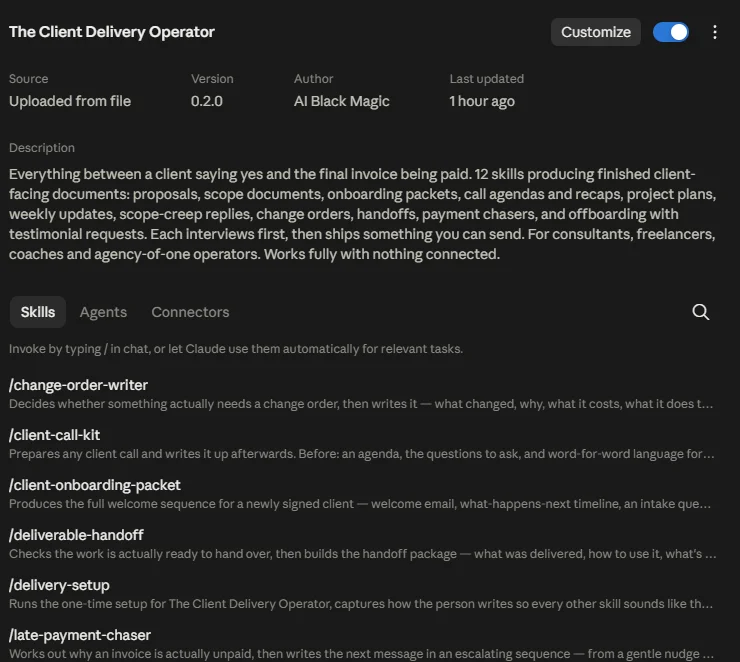 The Cowork Skills panel with The Client Delivery Operator installed, listing all twelve skills
