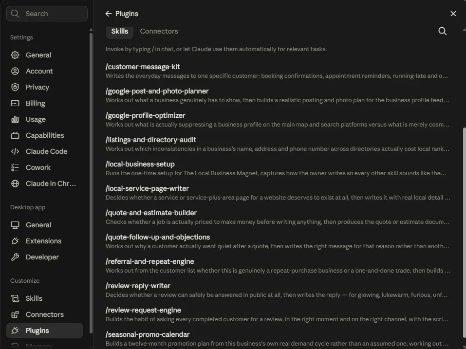 The Plugins panel in Claude settings, Skills tab, listing all twelve Local Business Magnet skills with their descriptions.