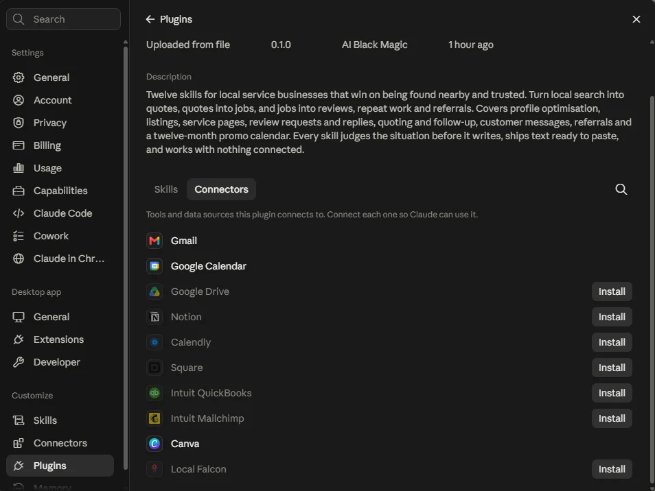 The Plugins panel, Connectors tab, showing the plugin description and the full connector list from Gmail through to Local Falcon.