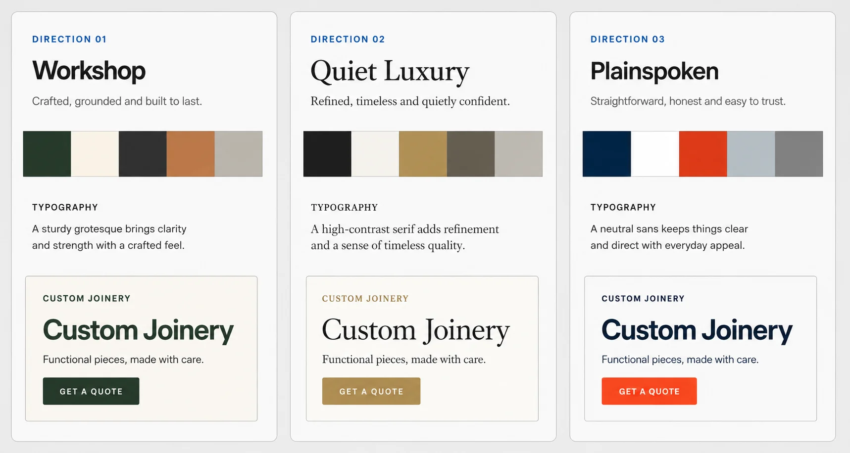 Three design directions side by side, each panel carrying its own name, palette strip and typeface, and each ending with the same worked example rendered in that direction's treatment so the differences are directly comparable.