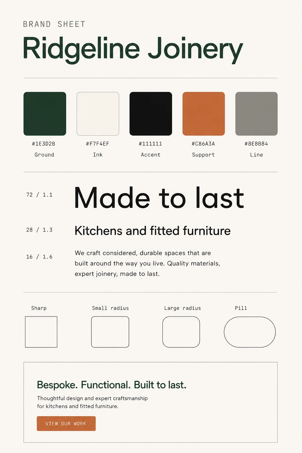 A brand sheet on one page: a row of colour swatches with a hex value and a role word under each, type specimens set at three real sizes, four corner-radius samples, and a worked example of a page section using them all.