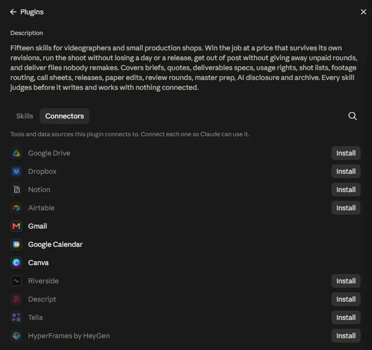 The Plugins panel, Connectors tab, showing the plugin description and the full connector list from Google Drive through to HyperFrames by HeyGen.