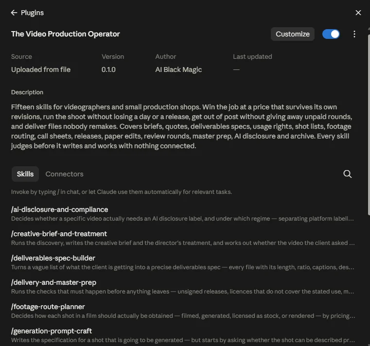 The Plugins panel in Claude settings, Skills tab, listing all fifteen Video Production Operator skills with their descriptions.