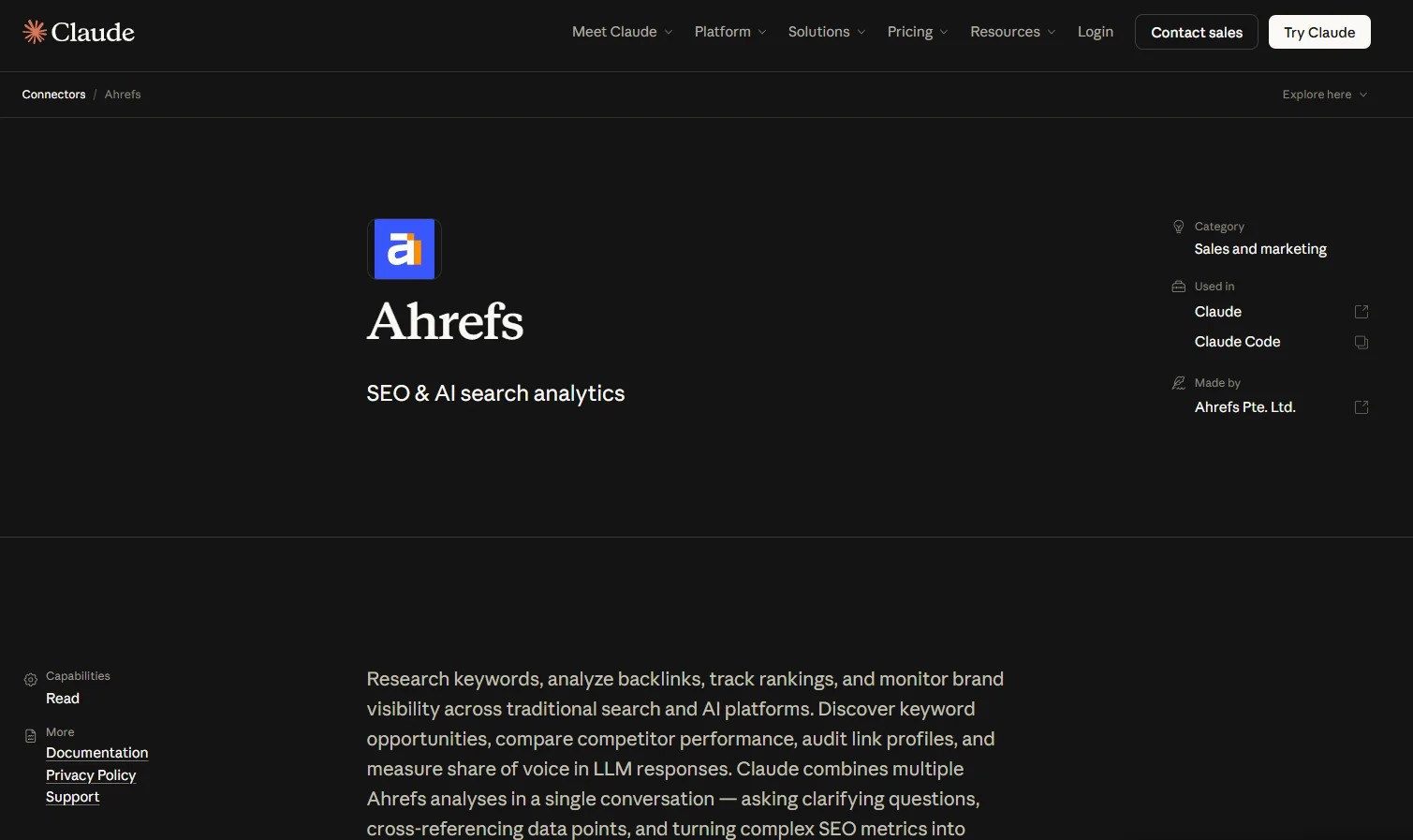 The Ahrefs connector's tool list in the directory. Every tool reads data and none of them write, which is what makes it a Source rather than a Land.