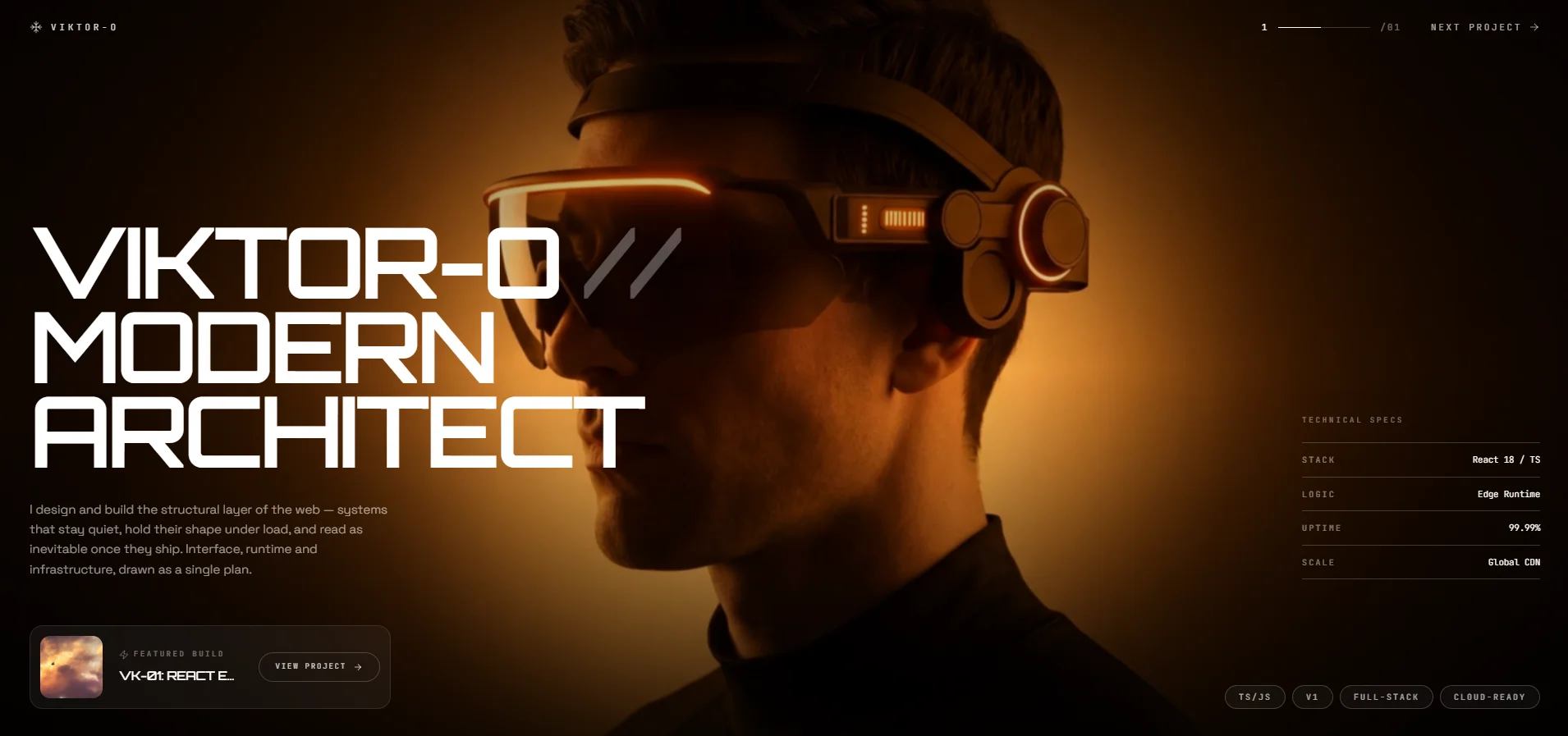 Viktor-O portfolio hero, dark with a large Modern Architect headline and a row of technical spec chips