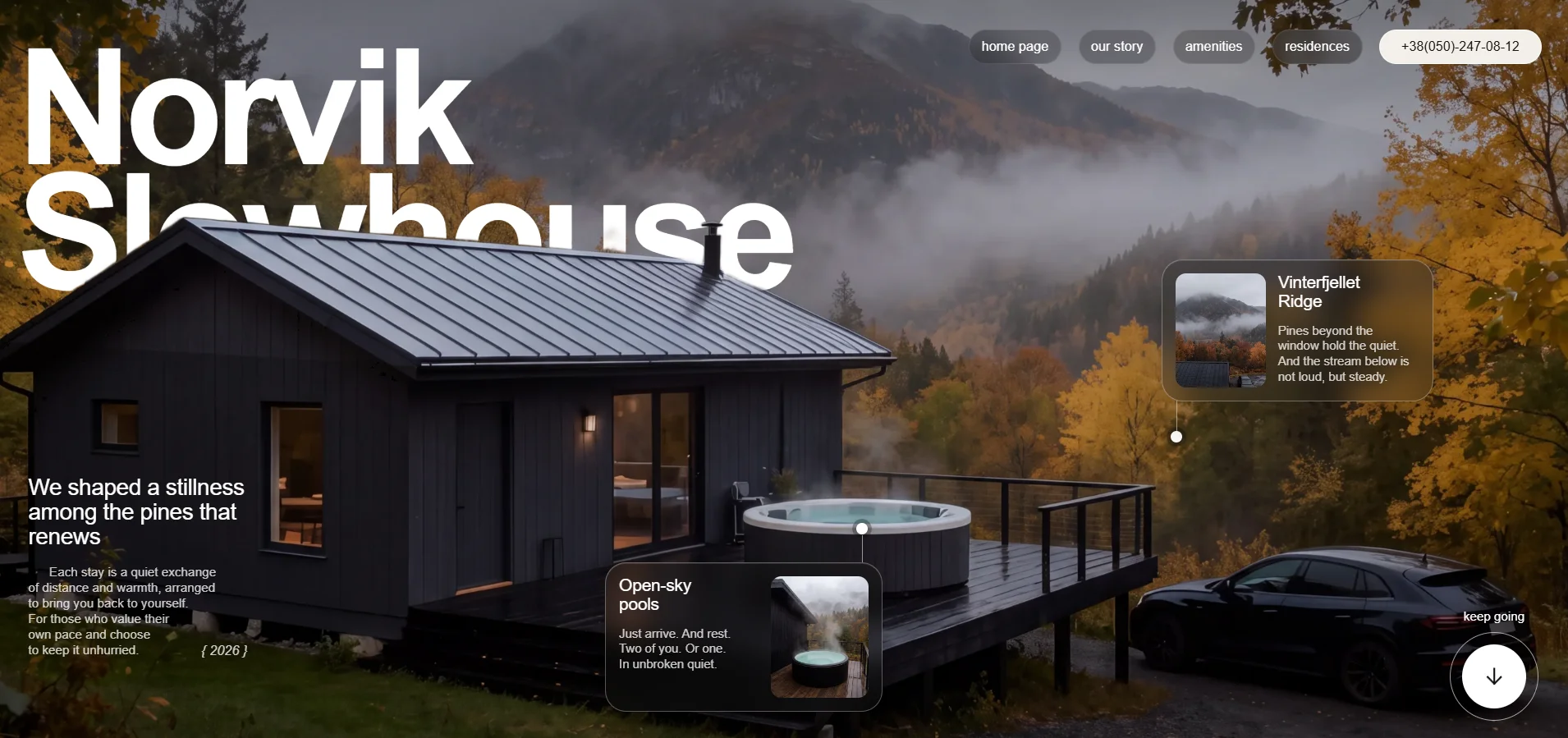 Norvik Slowhouse hero, showing the navigation and the opening line about a slow house in the northern woods